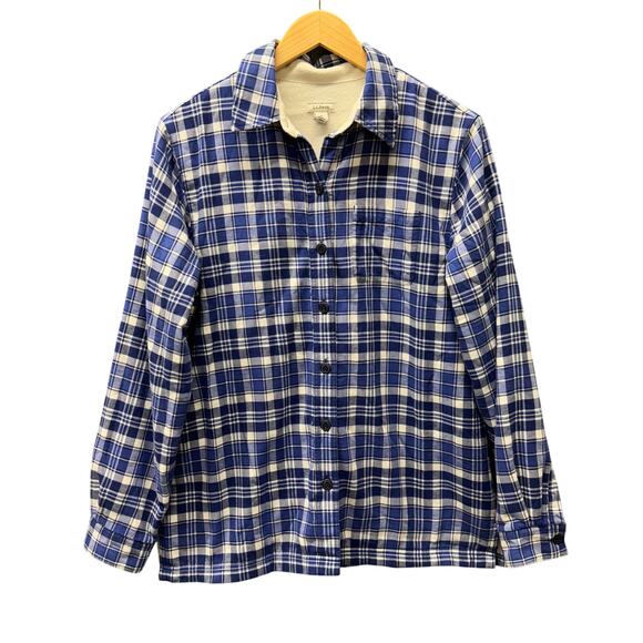 LL Bean Shacket Womens Small Blue Plaid Flannel Fleece Lined Button Up Shirt - Picture 1 of 8
